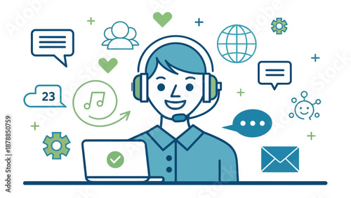 Customer service operator with headset and laptop