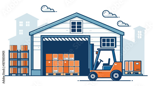 Forklift loading boxes at warehouse during logistics operations