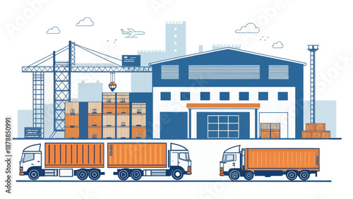 Industrial Logistics Scene with Trucks and Warehouse