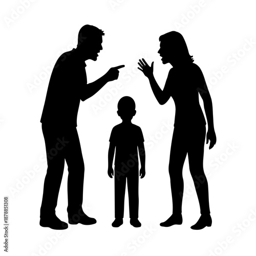 Family Conflict Silhouette of Parents Arguing with Child Between Them – Stress, Domestic Dispute, Parenting Problem Vector Illustration
