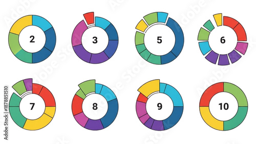 Colorful Pie Charts with Numbered Sections Displayed in a Grid Layout