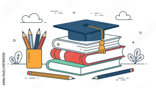 Stack of Books with Graduation Cap and Pencils