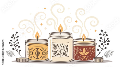 Three Decorative Scented Candles Emitting Warm Glow