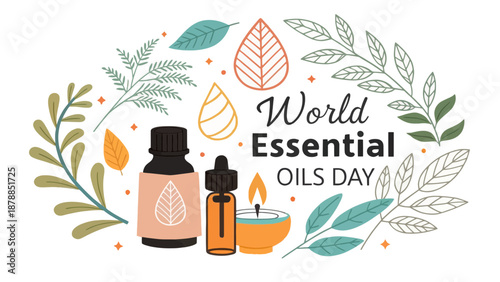 World Essential Oils Day illustration with bottles and leaves