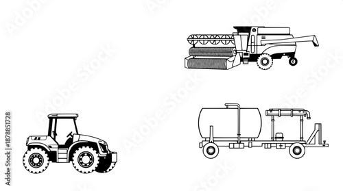 Monochrome farm vehicle icon collection featuring a detailed tractor with rugged tires, a harvester with rotating blades, a grain machine with textured grain sacks, and a tanker trailer with industria