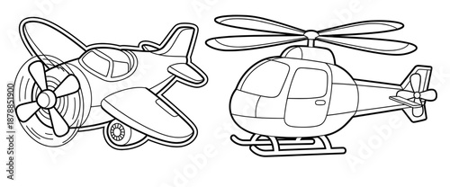Airplane and helicopter line art illustration showcasing detailed designs, propellers, and rotors, perfect for aviation-themed projects and educational materials