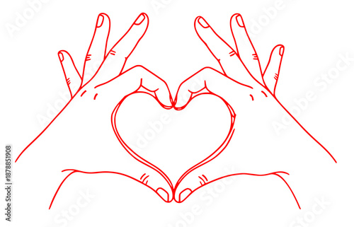 Two hands forming a heart shape in red outline, symbolizing love and connection, with a minimalist design that emphasizes emotion and warmth in a creative illustration
