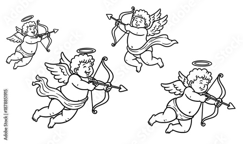 Four playful cherubs with wings and halos, holding bows and arrows, flying joyfully in a whimsical illustration, perfect for Valentine's Day celebrations and romantic themes