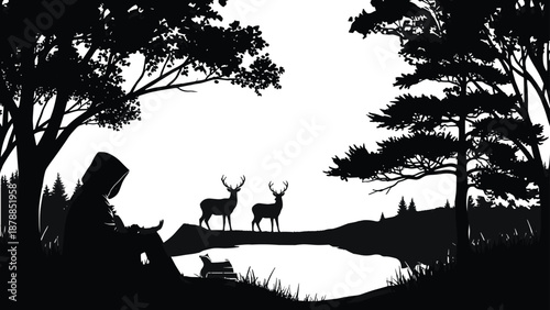 Tree silhouette, reading person, deer on hill, peaceful nature, wildlife scene, black illustration, outdoor solitude, forest view, artistic composition, serene environment, backpack nearby