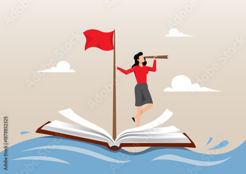 Businesswoman Navigating the Sea of Knowledge on an Open Book Boat Concept