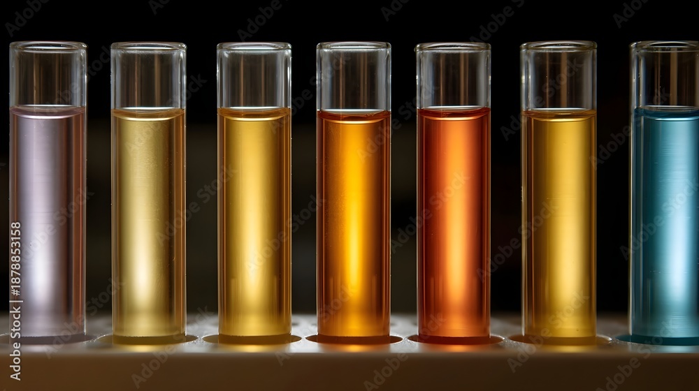 Fototapeta premium A row of colorful liquids in laboratory test tubes showcasing a spectrum of vibrant hues under studio lighting