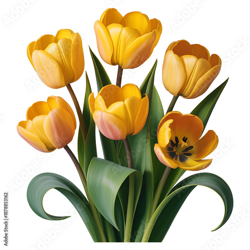 Yellow tulips bouquet with green leaves