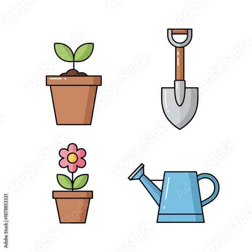 Gardening Tools and Potted Plants Illustration.