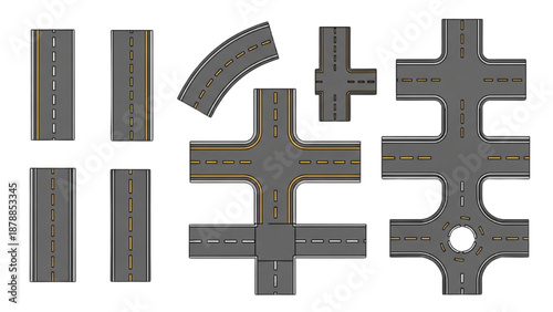 A collection of grey road pieces including intersections and straight sections displayed on a plain background from a top-down viewpoint.