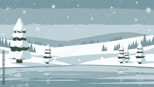 Serene winter landscape with snow-covered trees and frozen lake.