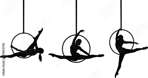 Aerial hoop silhouettes, graceful female acrobats performing poses, isolated on white background, ideal for fitness, dance, illustration, and vector design