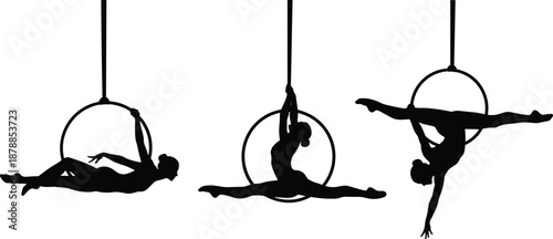 Aerial hoop silhouettes, elegant female acrobats performing splits and poses, isolated on white background, perfect for fitness, dance, vector illustrationAerial hoop silhouettes, elegant female 