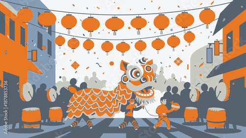 Vibrant Chinese New Year Celebration with Lion Dance Performance.