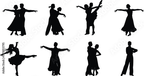 Ballroom dance silhouettes, elegant male and female couples performing romantic tango and waltz poses isolated on white background vector illustration set