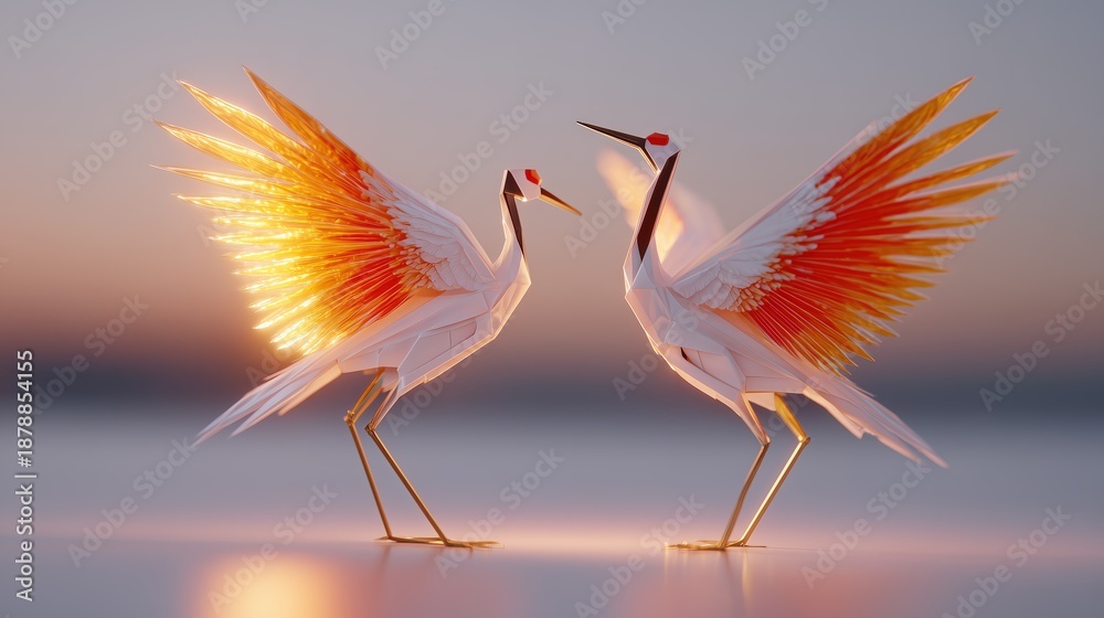 Fototapeta premium Pair of Radiant Cranes with Glowing Golden Wings in Soft Light