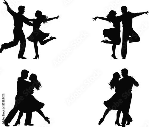 Couple dance silhouettes, romantic man and woman performing ballroom and tango moves, isolated on white background, perfect for love, wedding, illustration, and vector design