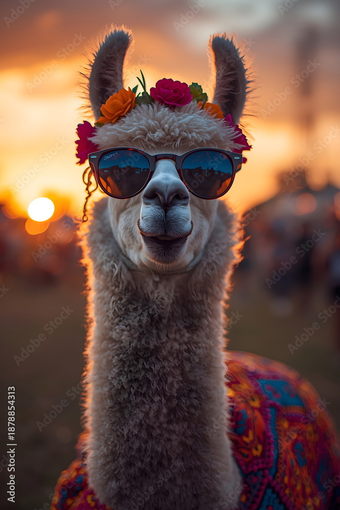 Fototapeta premium Funny Llama Wearing Sunglasses and Flower Crown at Sunset Festival