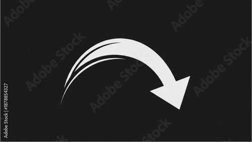 A white arrow curving downward on a black background illustration graphic