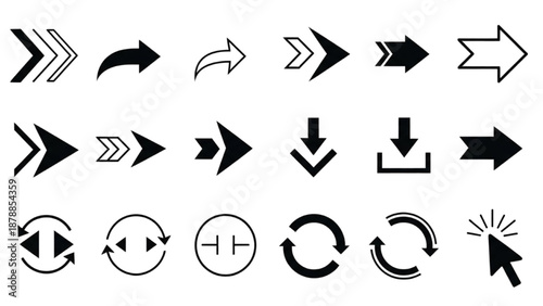 Collection of various black arrow icons on a white background illustrating different directions and actions from a straightforward viewpoint