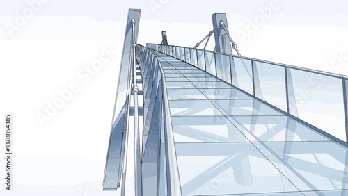 Modern glass and steel bridge with sleek metal framework.