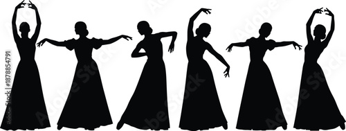 Female ballet dancer silhouettes, elegant women performing classical dance poses, isolated on white background, perfect for theatre, choreography, illustration, and vector design