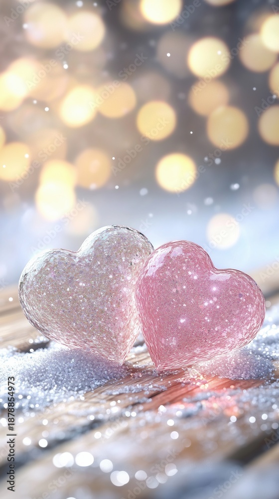 Obraz premium Romantic glitter hearts on wood with festive bokeh background