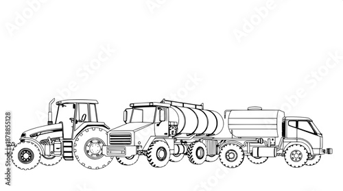 Bold line art illustrations of various agricultural vehicles in black and white vector format, including a prominent tractor with defined wheels and exhaust pipe, a detailed combine harvester with vis
