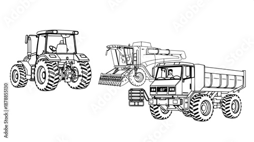 Bold line art illustrations of various agricultural vehicles in black and white vector format, including a prominent tractor with defined wheels and exhaust pipe, a detailed combine harvester with vis