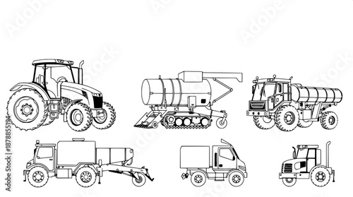 Bold line art illustrations of various agricultural vehicles in black and white vector format, including a prominent tractor with defined wheels and exhaust pipe, a detailed combine harvester with vis