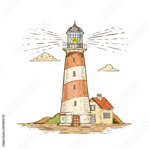 Vintage lighthouse illustration with detailed line work and a charming coastal ambiance