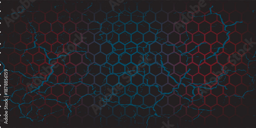 Abstract dark hexagon pattern on red neon background technology style. Modern futuristic geometric shape web banner design. You can use for cover template, poster, flyer, print ad. Vector illustration