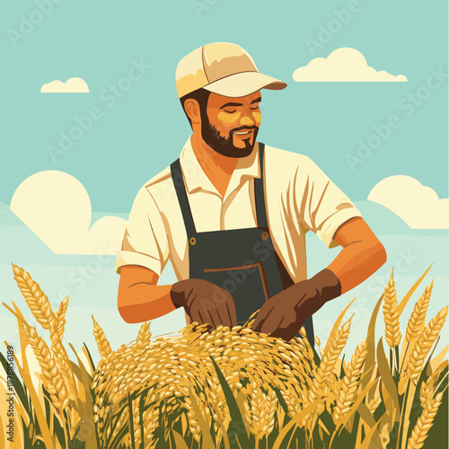 Worker harvesting crops in field , vector style simple color