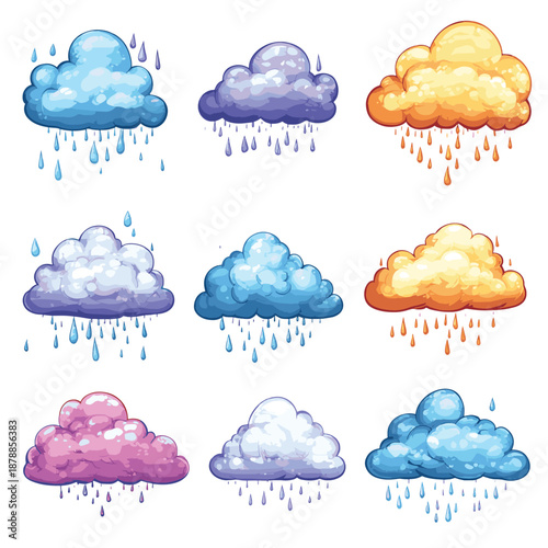 Colorful and Rainy Cloud Illustrations set , vector style simple color