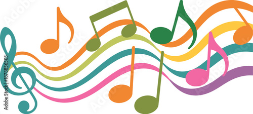 Musical Staff vibrant rainbow-colored vector illustration with treble clef, colorful notes, and flowing lines representing melody, harmony, and creative expression. vector
