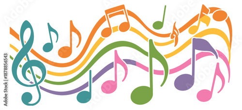 Musical Staff vibrant rainbow-colored vector illustration with treble clef, colorful notes, and flowing lines representing melody, harmony, and creative expression. vector