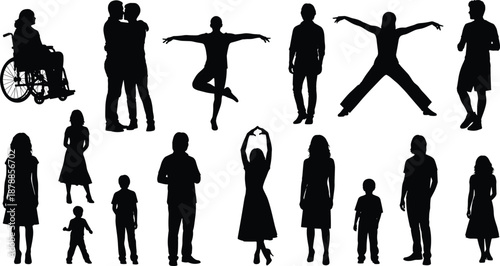 People silhouettes set showing family, couple, children, wheelchair user, dancing poses, diverse human actions, black vector illustration