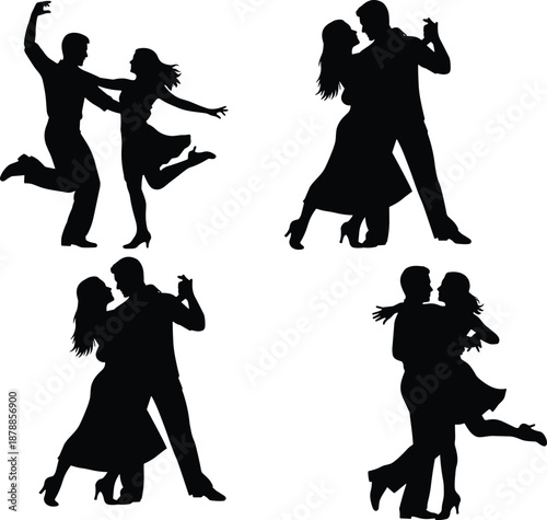 Romantic couple dancer silhouettes, man and woman performing tango and ballroom dance poses, isolated on white background, ideal for love, wedding, illustration, and vector design