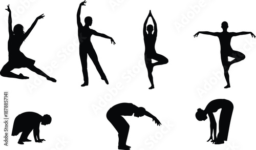 Yoga and dance silhouettes, graceful male and female figures performing poses, fitness and wellness activities isolated on white background vector illustration
