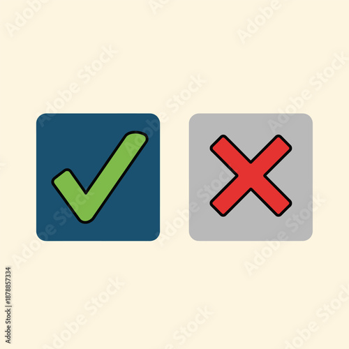 Clear visual representation of a green checkmark symbol indicating approval or correctness, paired with a red 'X' mark signifying rejection, error, or an incorrect