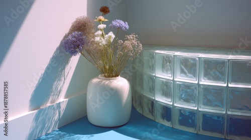 Flowers in vase by glass wall