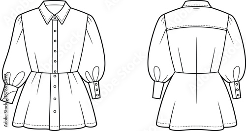 Women button front shirt dress technical fashion illustration with long puff sleeves front and back view flat vector line drawing