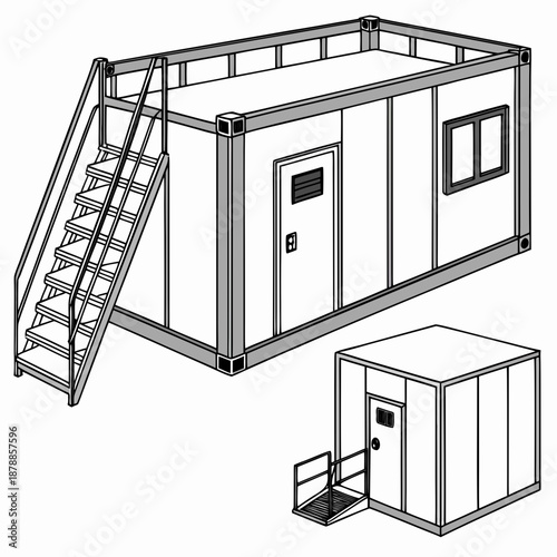 Advanced portable building technology system, minimalist and modern design on white background.