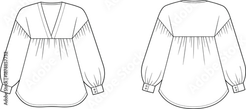 Technical Fashion Illustration of Women’s Blouse with Deep V-Neck, Gathered Yoke, and Voluminous Sleeves – Front and Back Views