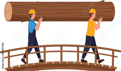 Two construction workers in hard hats carrying a heavy wooden log across a small wooden bridge, demonstrating teamwork and manual labor.