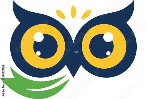 Cute owl head logo with big yellow eyes and green leaf, wise bird mascot for education, nature brand, and organic bookstore.